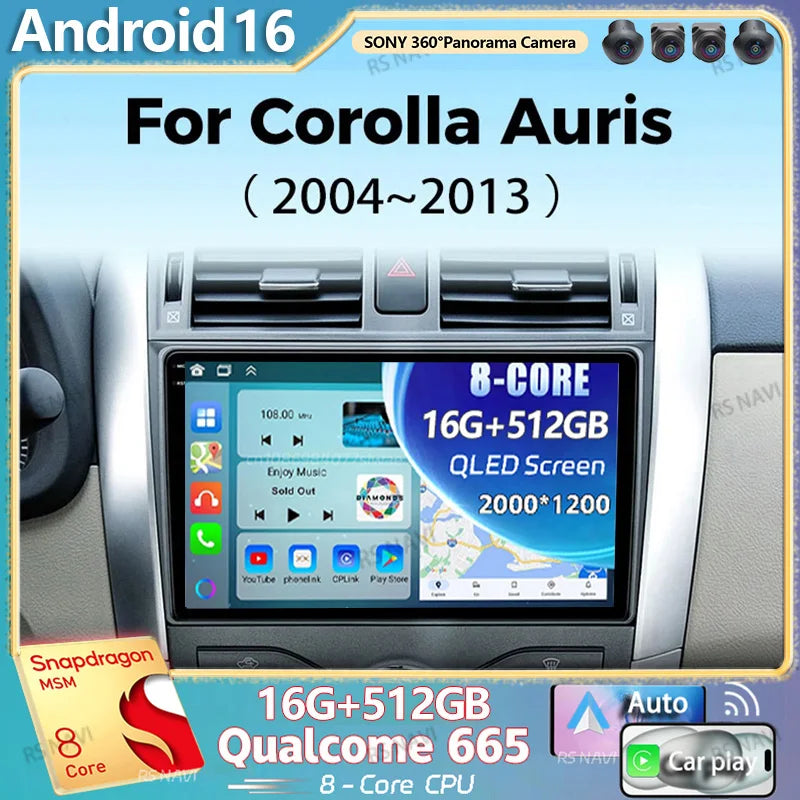 Android 16 For Toyota Corolla E140 150 Auris 2004-2013 2K QLED Android Car Radio Multimedi