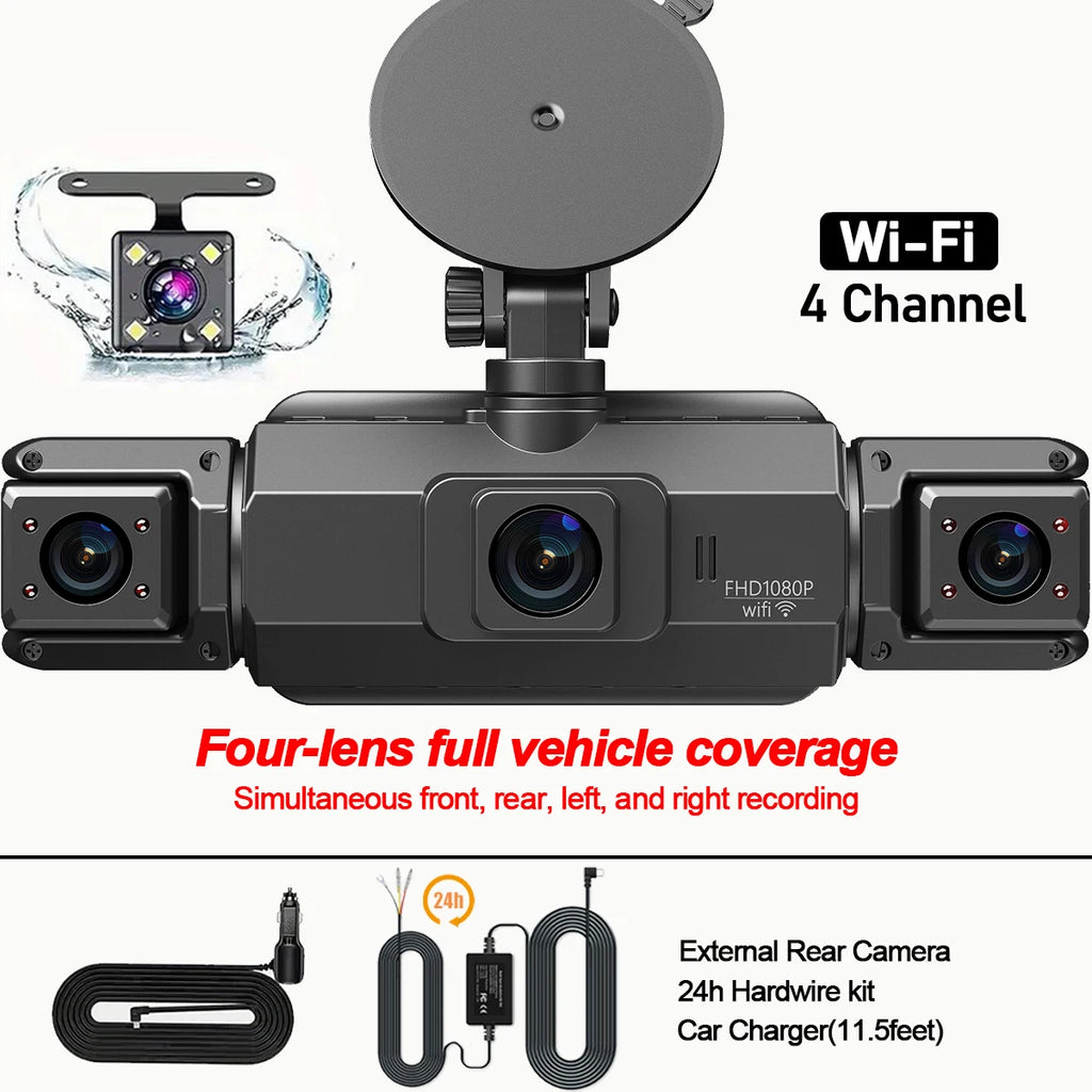 dashcam 4 channels wifi car dvr dashboard cameras for car way back box parking mode 24h front and rear interior 360 dash cam