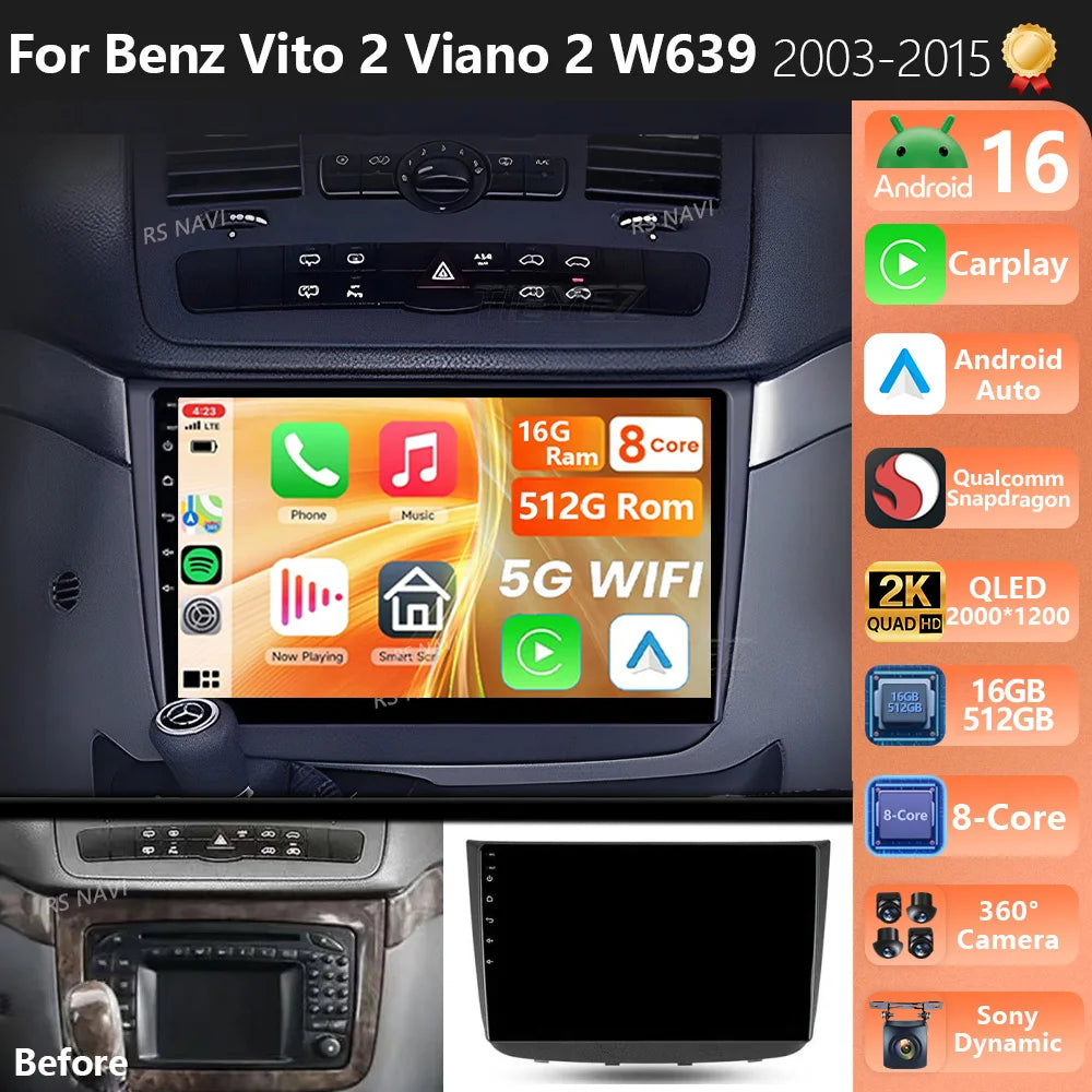 Android 16 For Benz Vito 2 Viano 2 W639 2003- 2015 2K QLED Android Car Radio Multimedia Vi