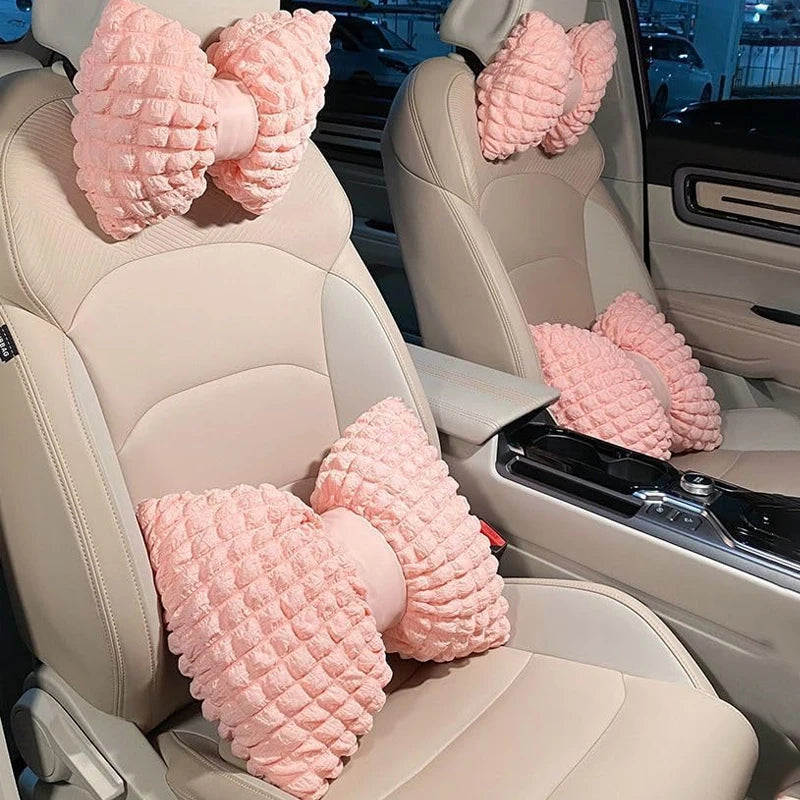 Cartoon Bowknot Neck Pillow Car Headrest Lumbar Support Soft Pink Car Waist Pillow Car Interior  - Automotive LED Light