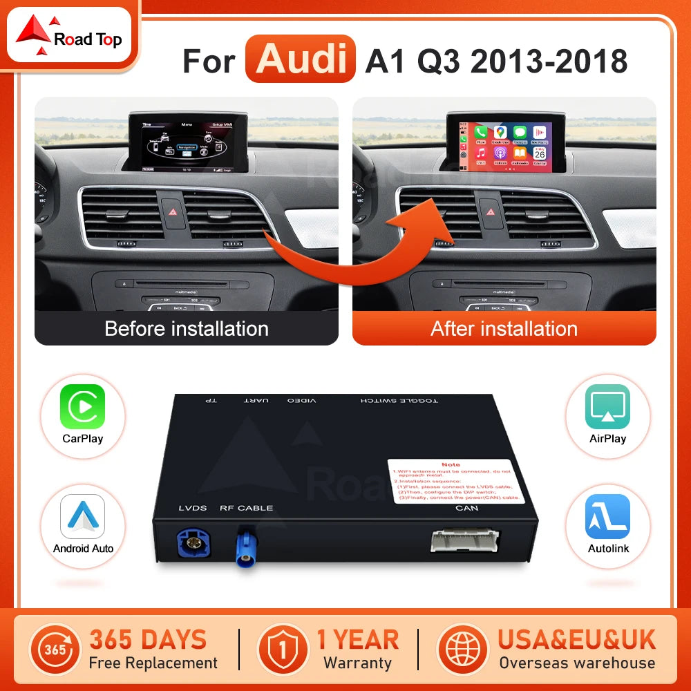 Road Top Wireless CarPlay Android Auto Decoder For Audi A1 Q3 2013-2018 with Mirror Link A | AUTOKITSHOP
