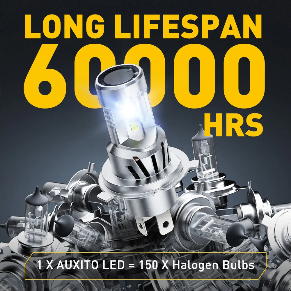 AUXITO 2Pcs 80W H4 High Power LED Car Headlight Canbus No Error High Low Beam With Dual Turbo Fan H4 12V 6500K 1:1 Size LED Bulb