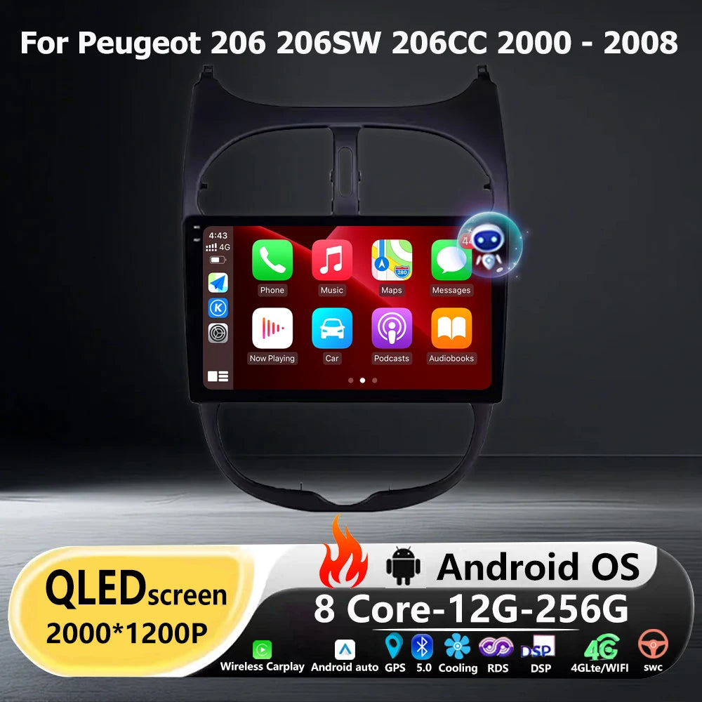 Wireless Carplay For Peugeot 206 206SW 206CC 2000 - 2008 Android 16 Auto Car Radio Multime