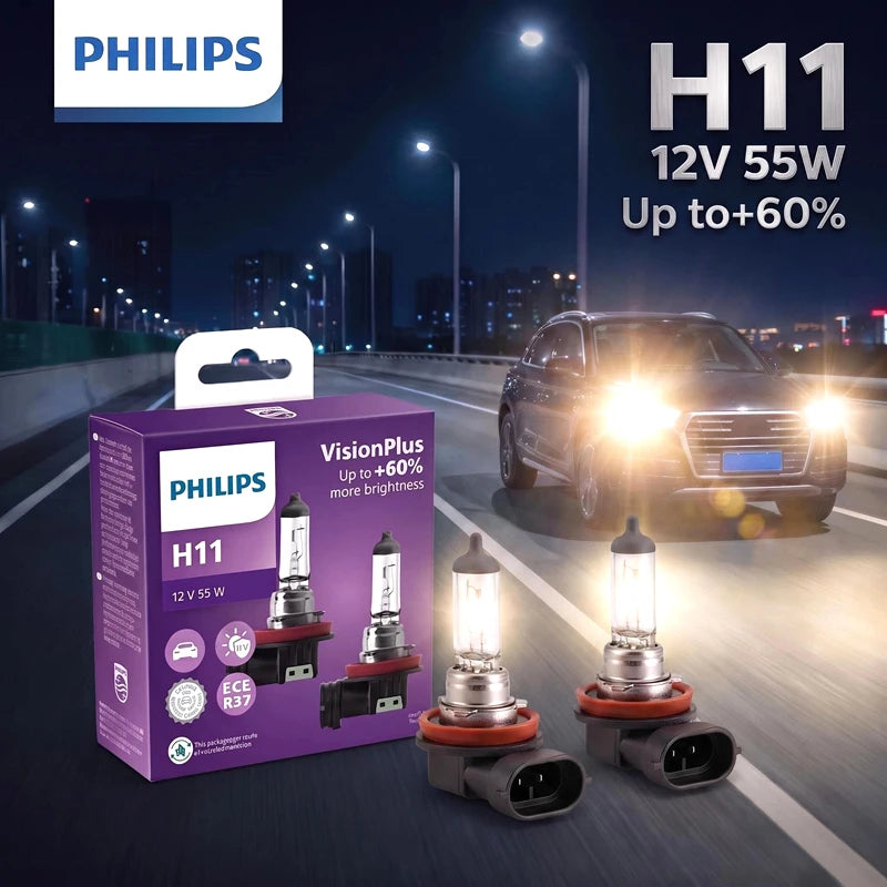 Philips H11 12V 55W PGJ19-2 VisionPlus 3250K Bright Light Up to 60% Vision Halogen Origina