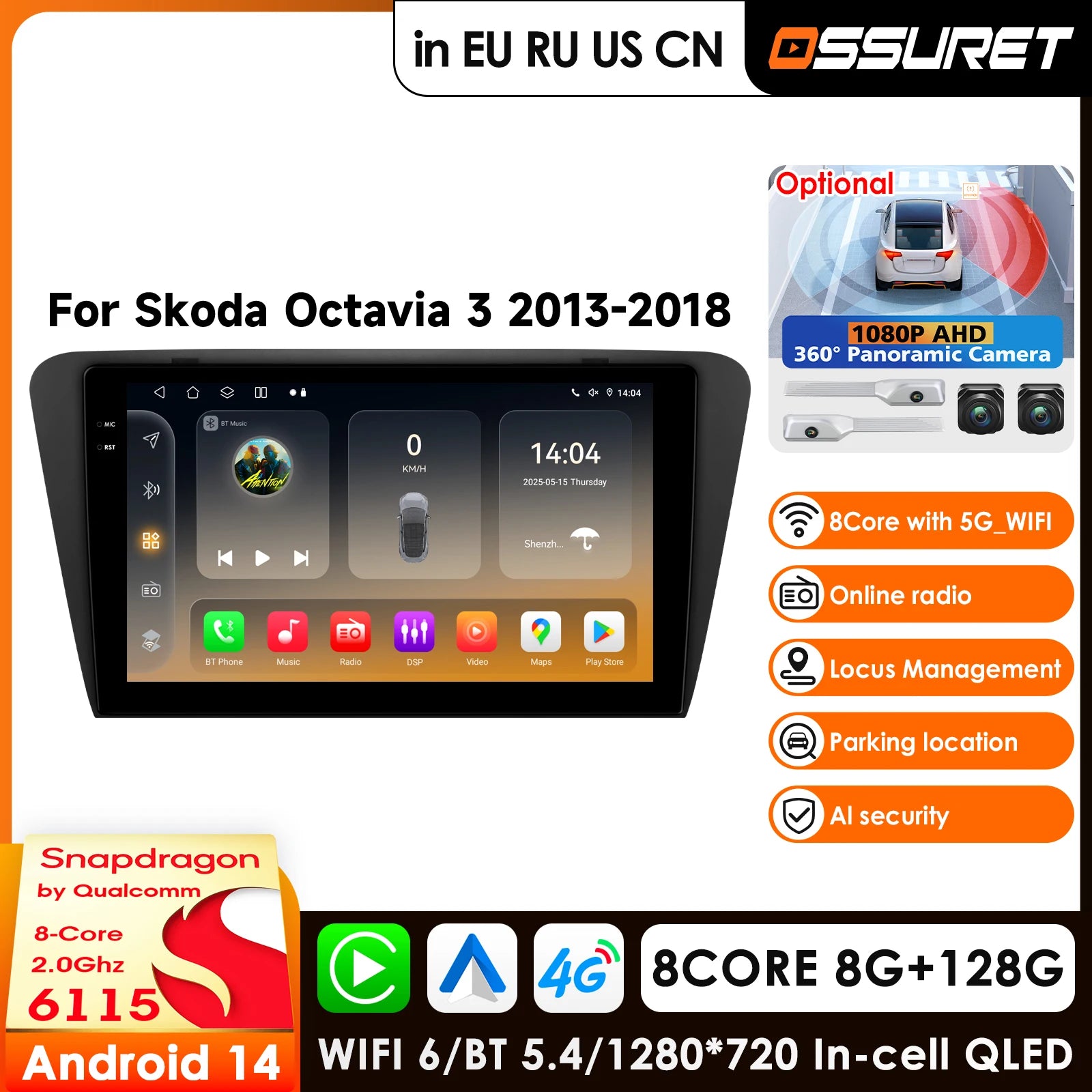 12.3" Car Radio GPS for Skoda Octavia 3 III A7 2013-2018 Android Carplay 4G-LTE Multimedia Player - Stereo RDS