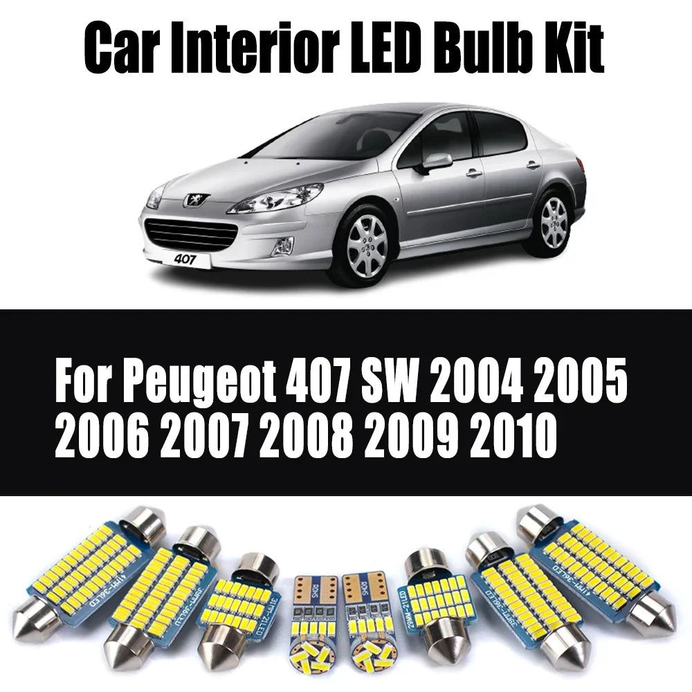 10-Piece LED Interior Light Kit for Peugeot 407 SW 2004-2009 - Canbus Dome Map Door Trunk Bulbs | AUTOKITSHOP