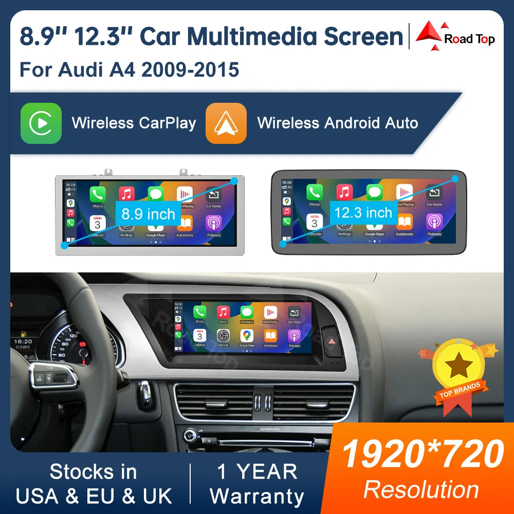8.9 Inch 12.3"" Multimedia Display Touch Screen For Audi A4 S4 2009-2015 Airplay Miracast  | AUTOKITSHOP