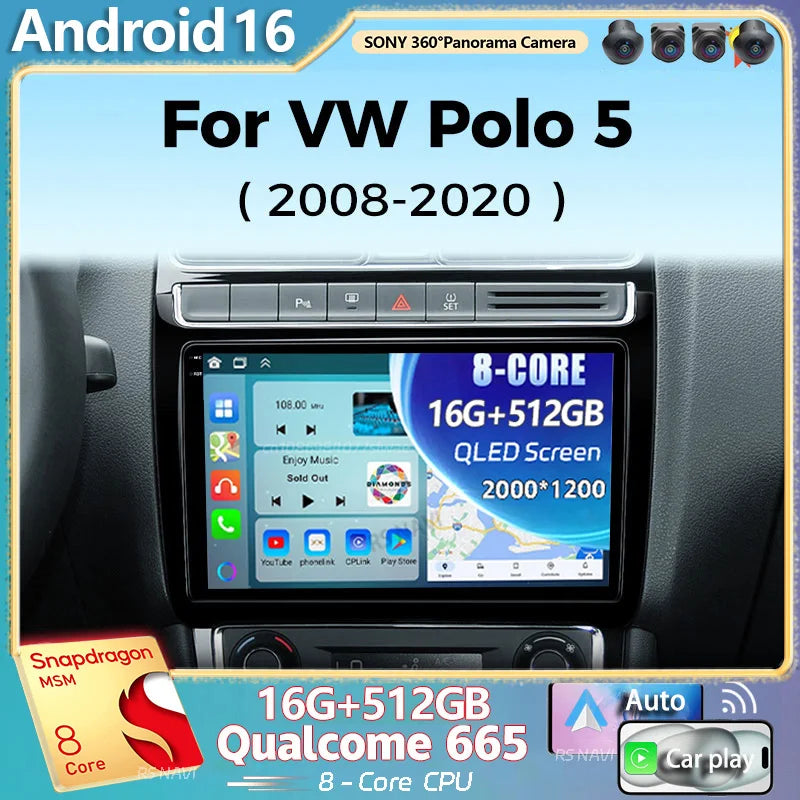 Android 16 2K QLED For Volkswagen VW POLO 5 2008-2017 Android Car Radio Multimedia Video P