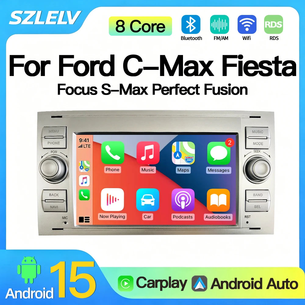 SZLELV Car Radio CarPlay Android 15 Auto For Ford Focus 2 Mondeo S C Max Kuga Fiesta Fusio
