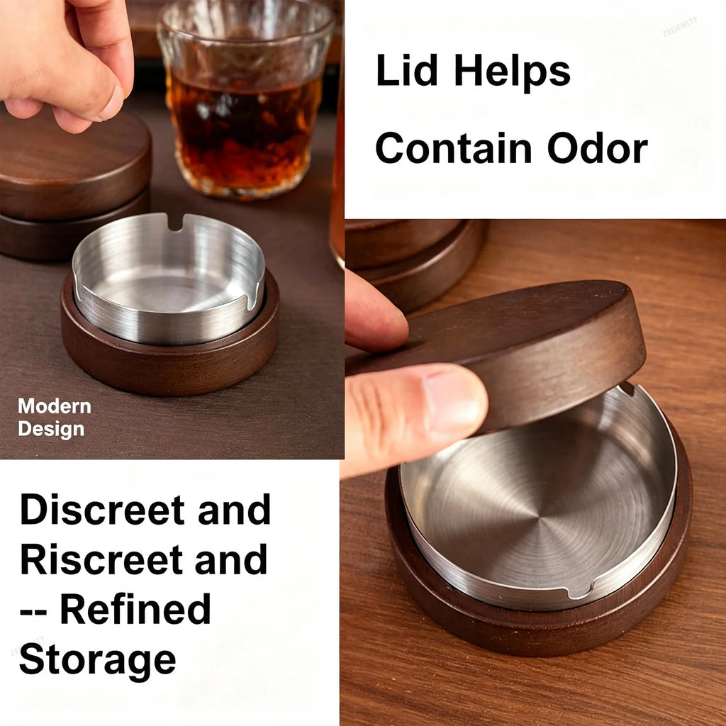 Wooden Ashtray with Lid Windproof Smoke‑Proof Stainless Steel Lining Easy Clean Decorative Ash H - Automotive LED Light