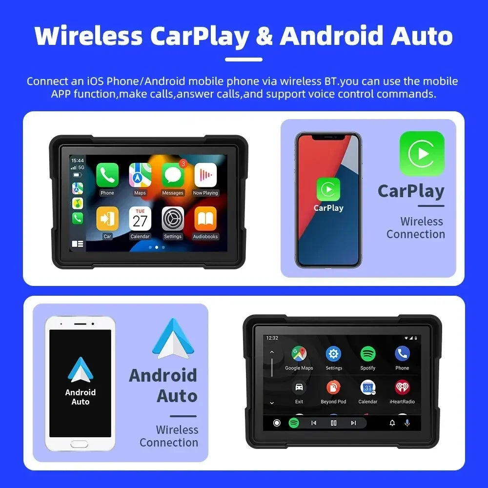 Motorcycle Carplay Water Proof WiFi Wireless Android-Auto DVR Monitor Dash Camera GPS Navi