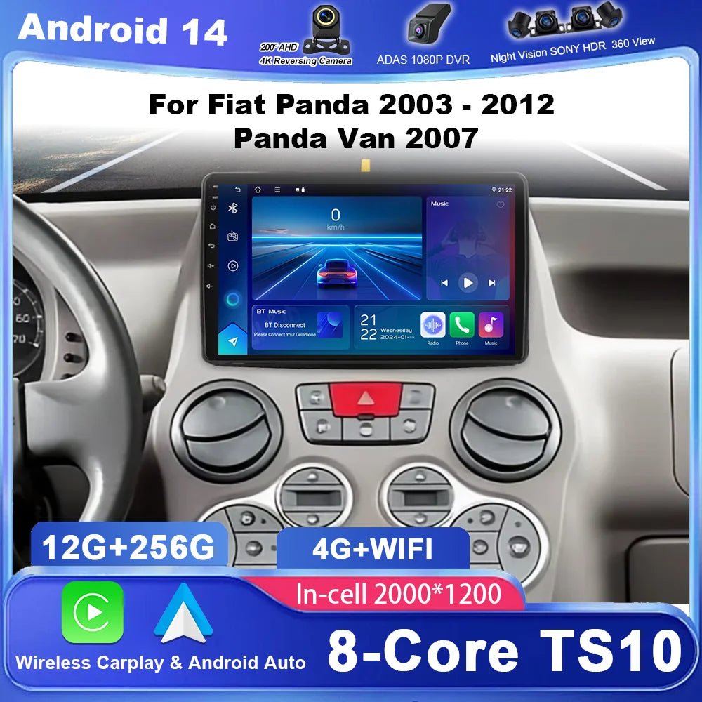 Carplay 4G 2 Din Android 13 Radio samochodowe do Fiat Panda 2003 - 2012 Panda Van 2007 Mul