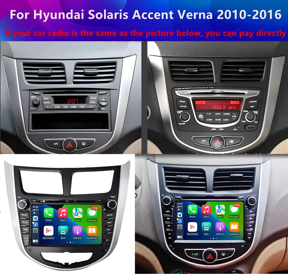 4G 7"For Hyundai Solaris Accent Verna 2010-2016 Car Carplay Auto Android 16 Radio Navigati