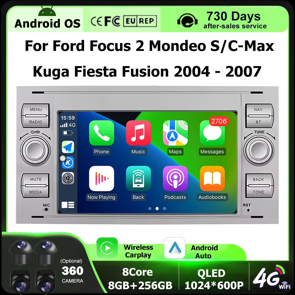 Android 16 Auto CarPlay For Ford Focus 2 Mondeo S/C-Max Kuga Fiesta Fusion 2004-2007 Car R