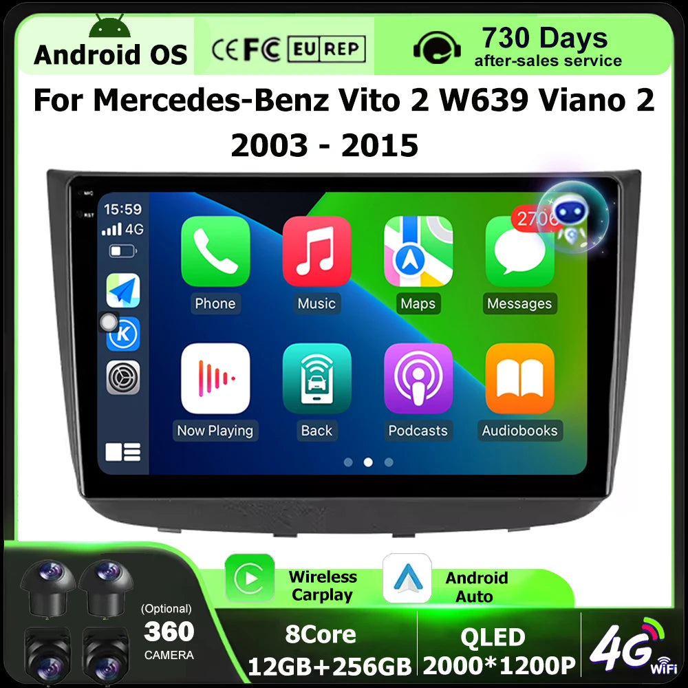 Wireless Carplay For Mercedes-Benz Vito 2 W639 Viano 2 2003 - 2015 Android 16 Auto Car Rad