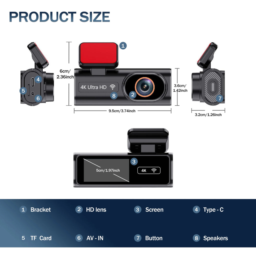 Ultra HD 4K Car Front Dash Cam Mini WIFI DVR Black Box Room With 24H Parking Monitor Night Vision,GPS/Rear View Camera Optional