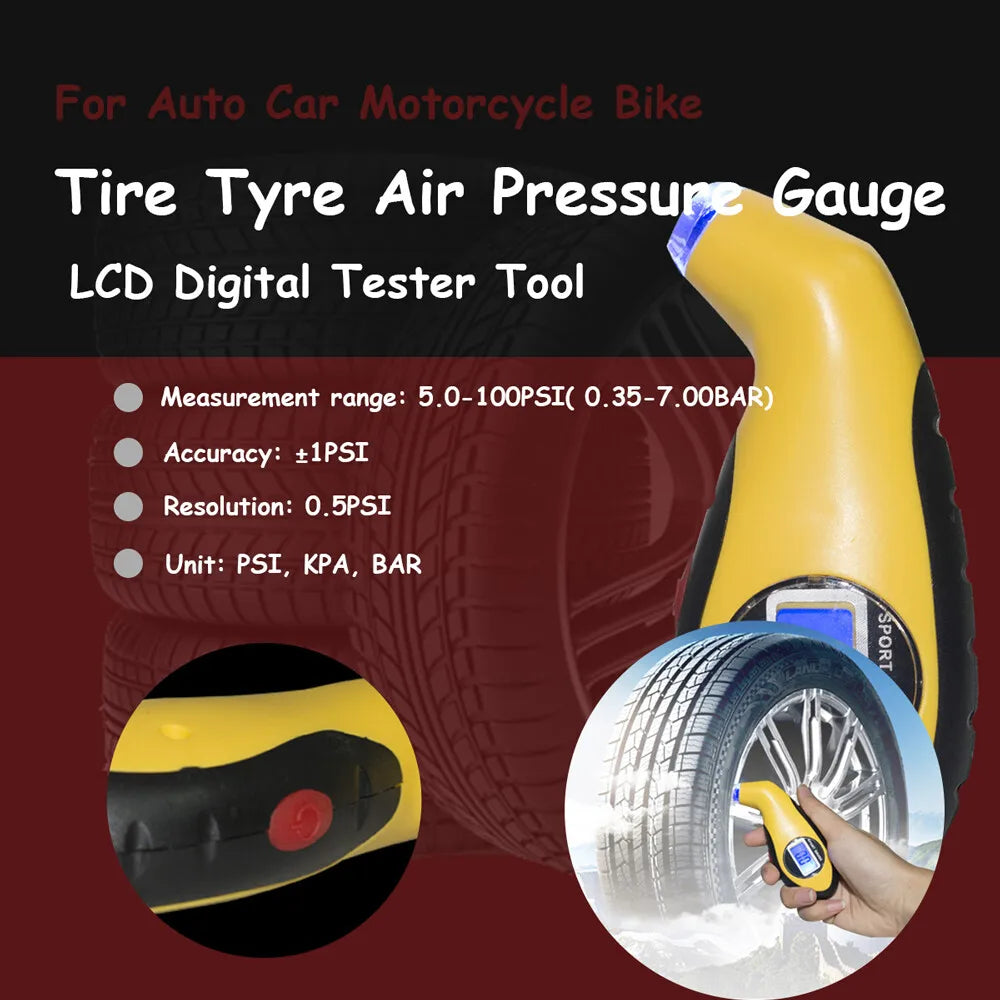 Portable Digital LCD Tyre Air Pressure Gauge Tester Tyre Gage 5.0-100PSI For Auto Car Moto