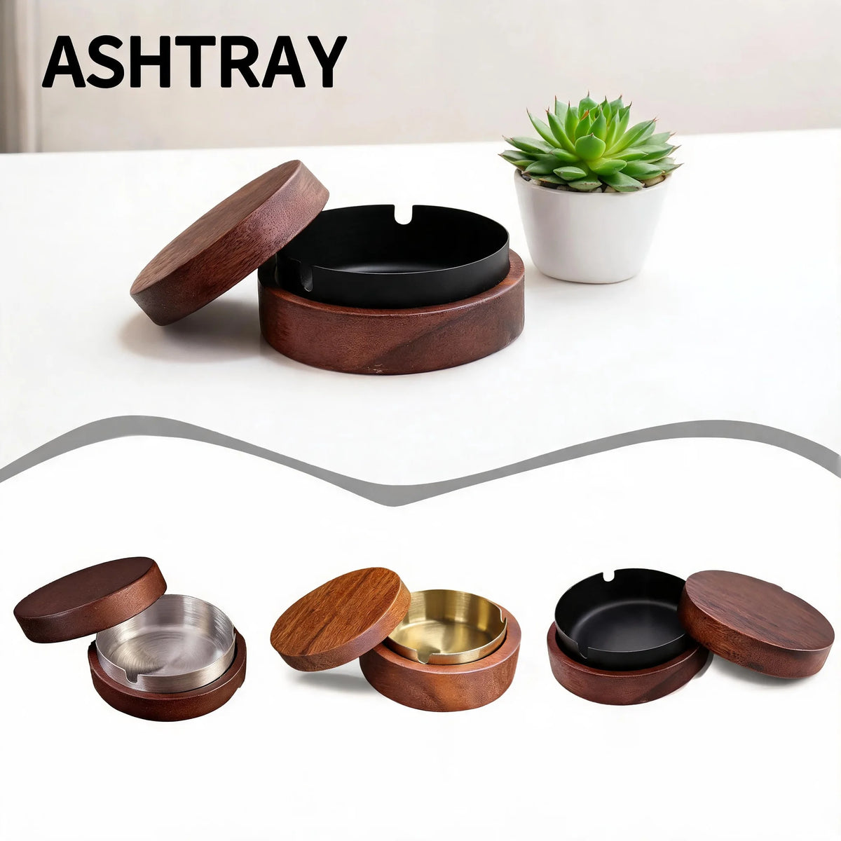Wooden Ashtray with Lid Windproof Smoke‑Proof Stainless Steel Lining Easy Clean Decorative Ash H - Automotive LED Light