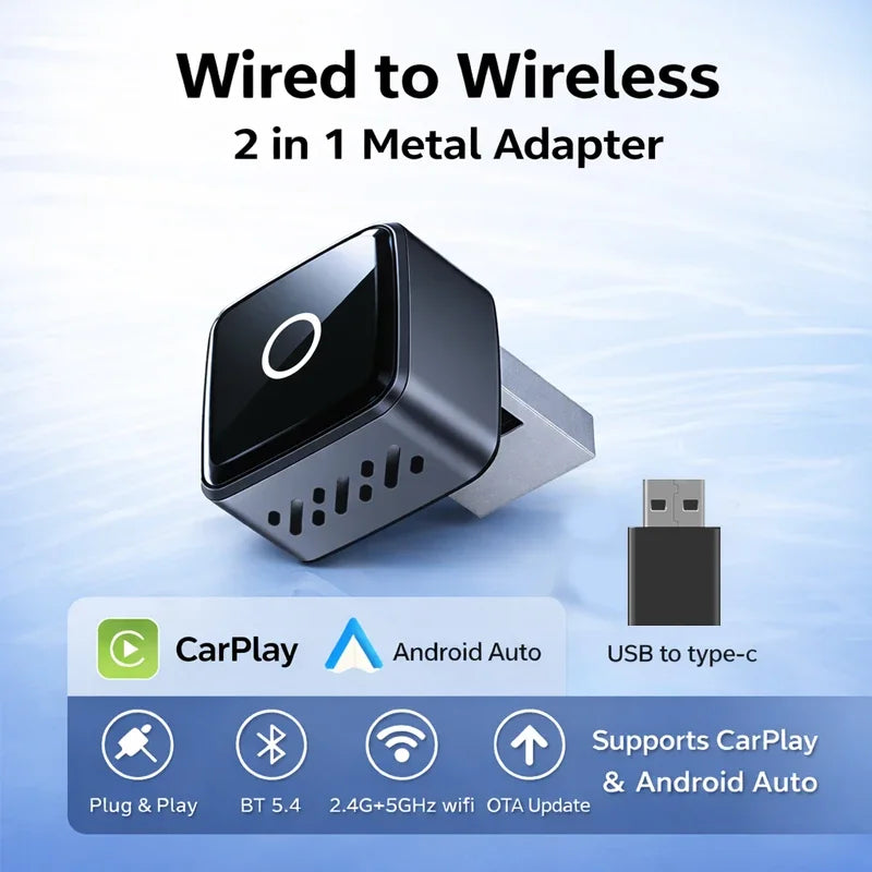 2in1 Wired to Wireless CarPlay Android Auto Adapter With USB Plug and Play,Works with 98%