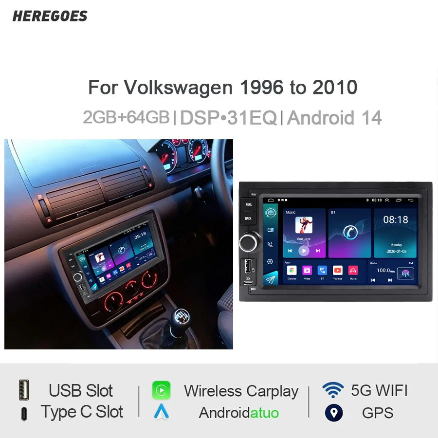 7" Android Car Radio Type-C for Volkswagen 1996-2010 Left Middle Knob CarPlay Android Auto GPS Nav Bluetooth Steering Co
