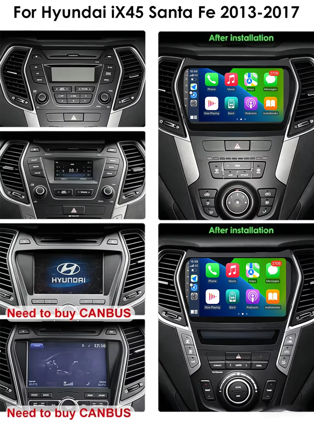 Wireless Carplay For Hyundai Santa Fe IX45 2013-2017 Android 16 Car Radio Multimedia Playe