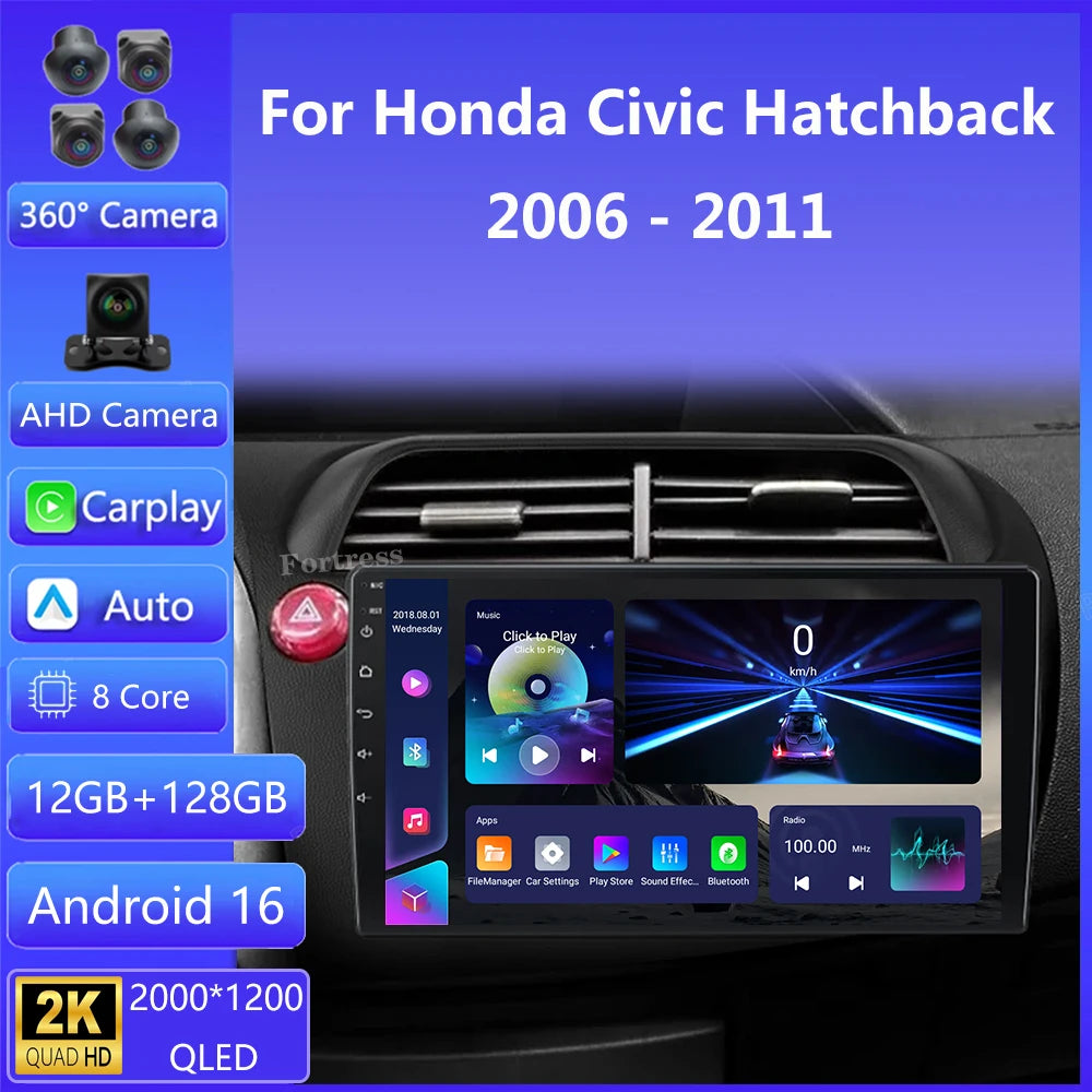 Android 16 Car Radio For Honda Civic Hatchback 2006 2007 2008 2009 2010 2011 QLED 4G LTE 5