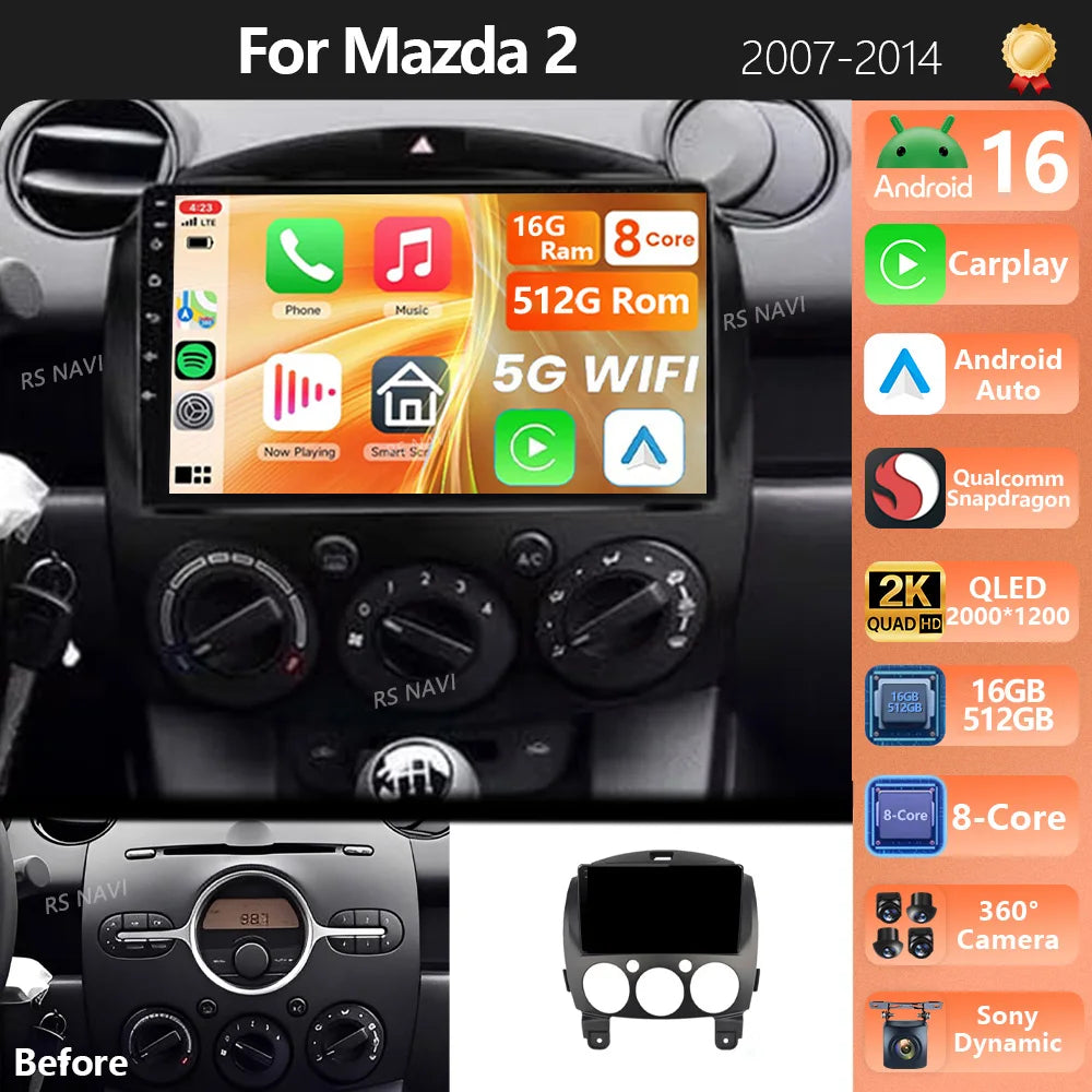 Android 16 Carplay Auto 2K Screen Car Radio Multimedia Player For Mazda 2 2007-2014 WIFI+4