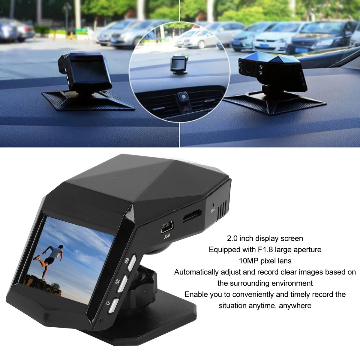 Front and Rear Dash Cam Loop Recording 170 Degree Wide Angle 2.0 Inch Display Screen Dash Cam Fr - Automotive LED Light