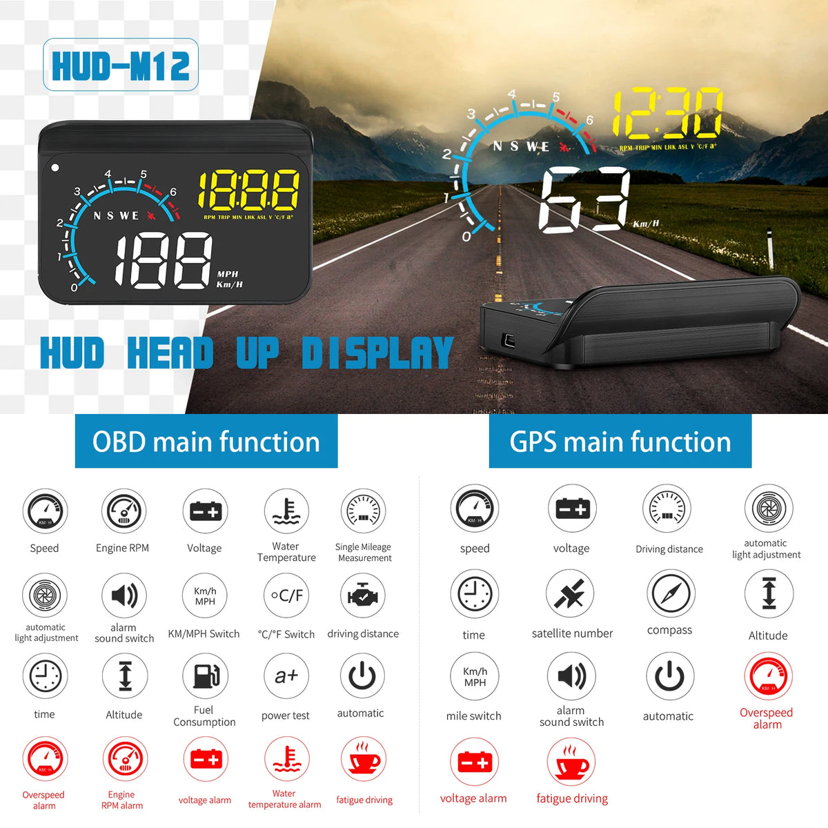 M12 HUD Windshield Projector OBD+GPS Car Head Up Display Speedometer Reflective Water temp RPM V - Automotive LED Light