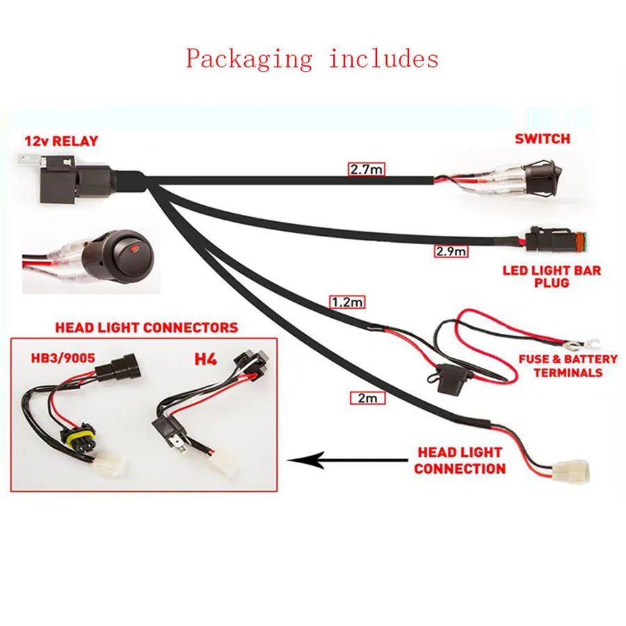 12V Single Car LED Light Bar Wiring Loom Harness Plug & Play Quick Installation