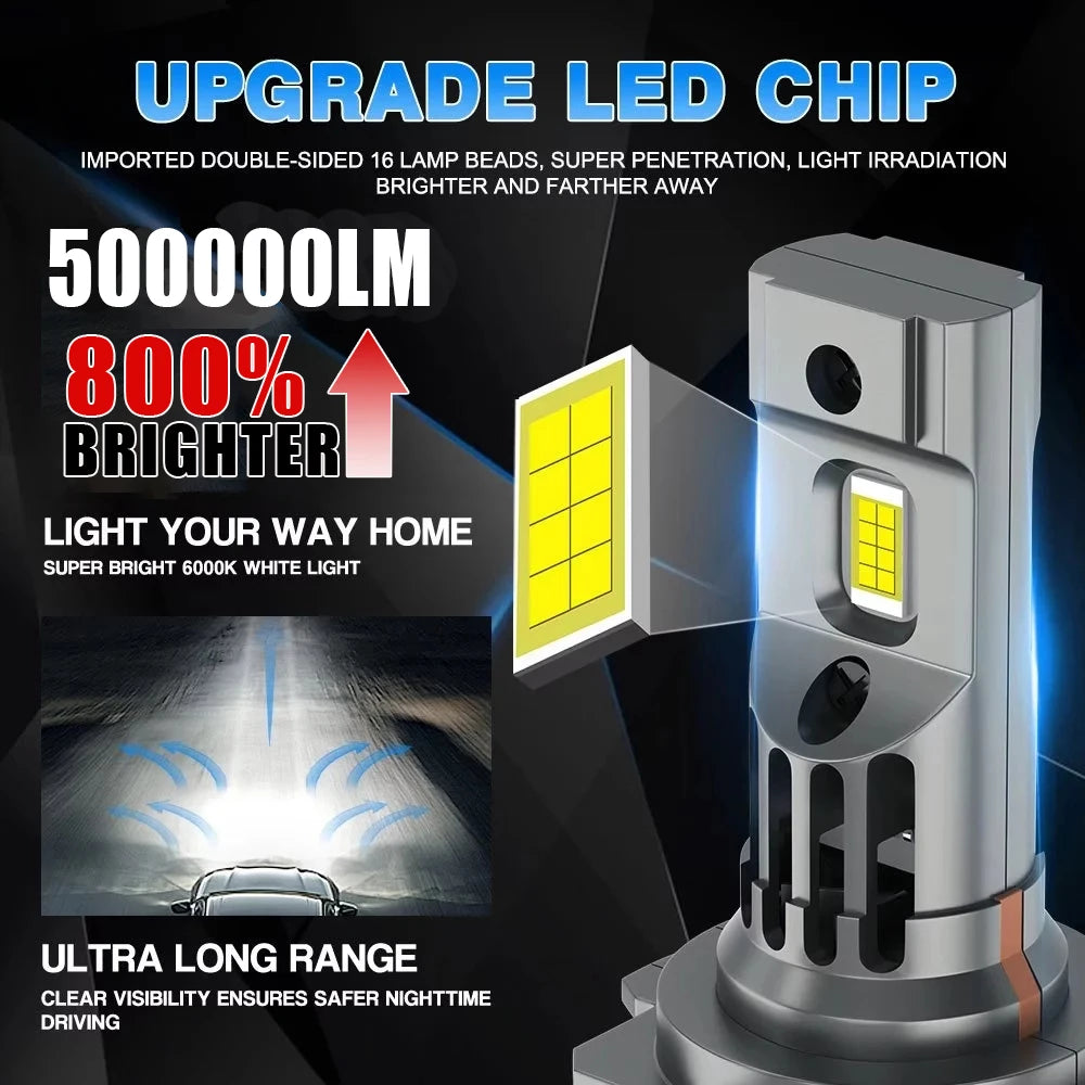 H7 LED Headlight 500000LM 600W CANBUS Bulb Plug And Play 6000K Car Lights 800% Brightness