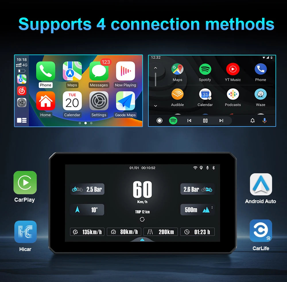 Portable 6 inch Motorcycle GPS Navigation Wireless Carplay Android Auto IP68 Waterproof DV