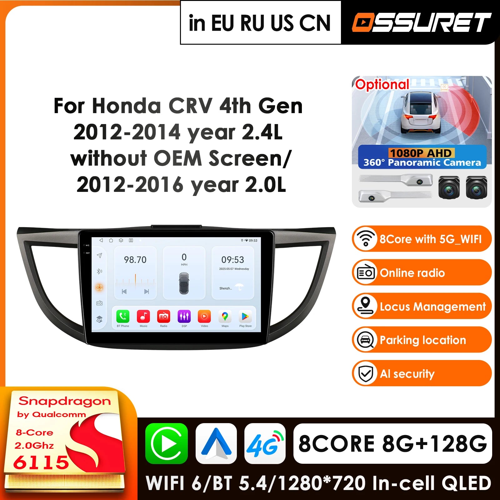2 Din Android Car Radio GPS Navigation for Honda CRV CR-V 2012-2016 Head Unit Carplay Auto Stereo Multimedia Video Playe