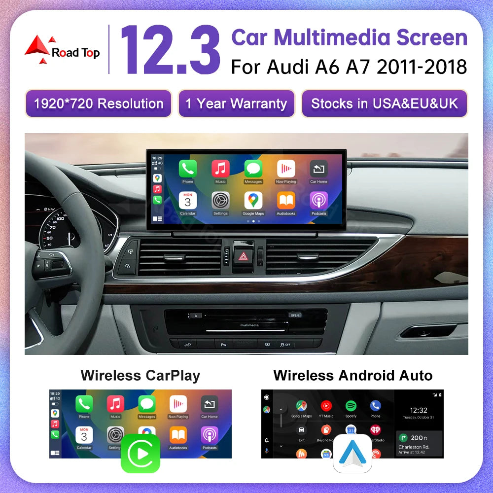 Road Top Multimedia Screen For Audi A6 C6 C7 A7 2011-2018 Wireless CarPlay GPS Navi Radio  | AUTOKITSHOP