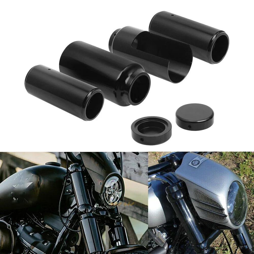 Motorcycle Aluminum Black Full Front Fork Cover Tube Cap Set For Harley Softail Street Bob FXBB  - Automotive LED Light