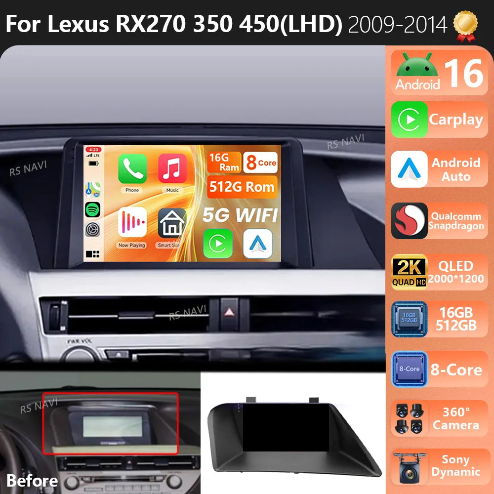 Android 16 Carplay Auto Qualcomm 2K QLED Screen Car Radio Player For Lexus RX270 350 450 L