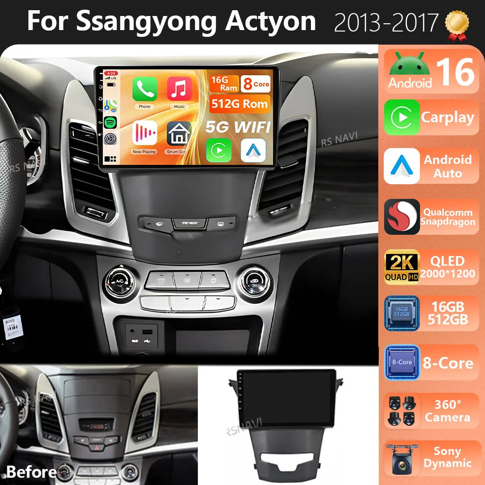 Plug and Play Android 16 For SsangYong Korando 3 Actyon 2 2013 - 2017 2K QLED Stereo Car R