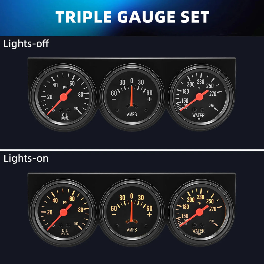 3 in 1 Car Meter Kit Triple Gauge 52mm Oil Pressure Gauge 0-100PSI Water Temp Meters 100℉- 280℉  - Automotive LED Light