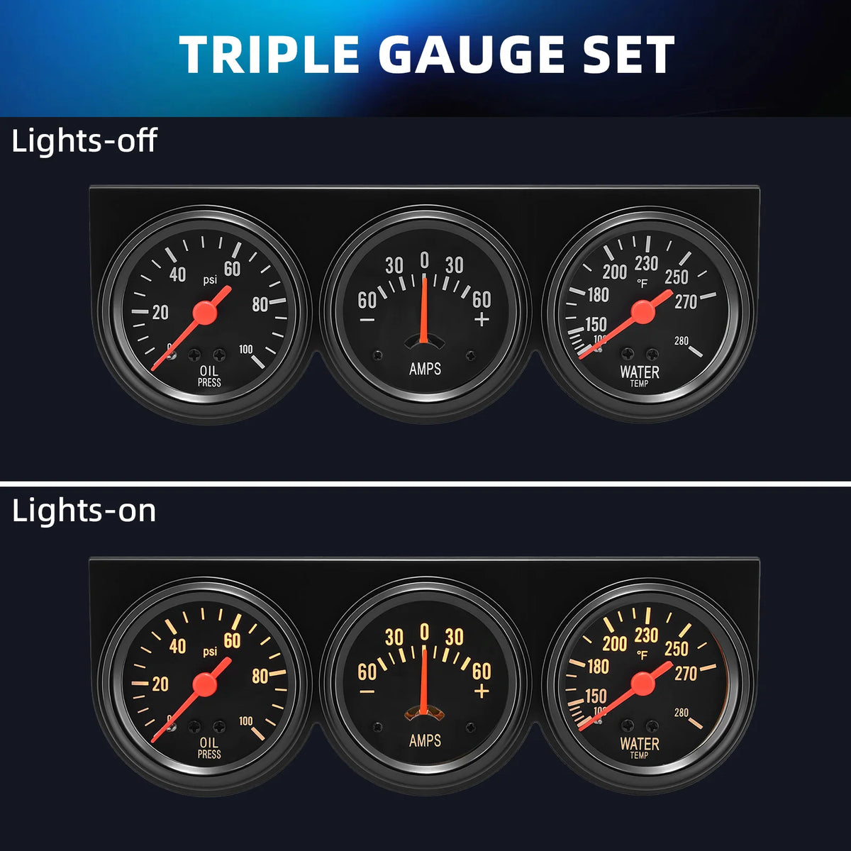 3 in 1 Car Meter Kit Triple Gauge 52mm Oil Pressure Gauge 0-100PSI Water Temp Meters 100℉- 280℉  - Automotive LED Light