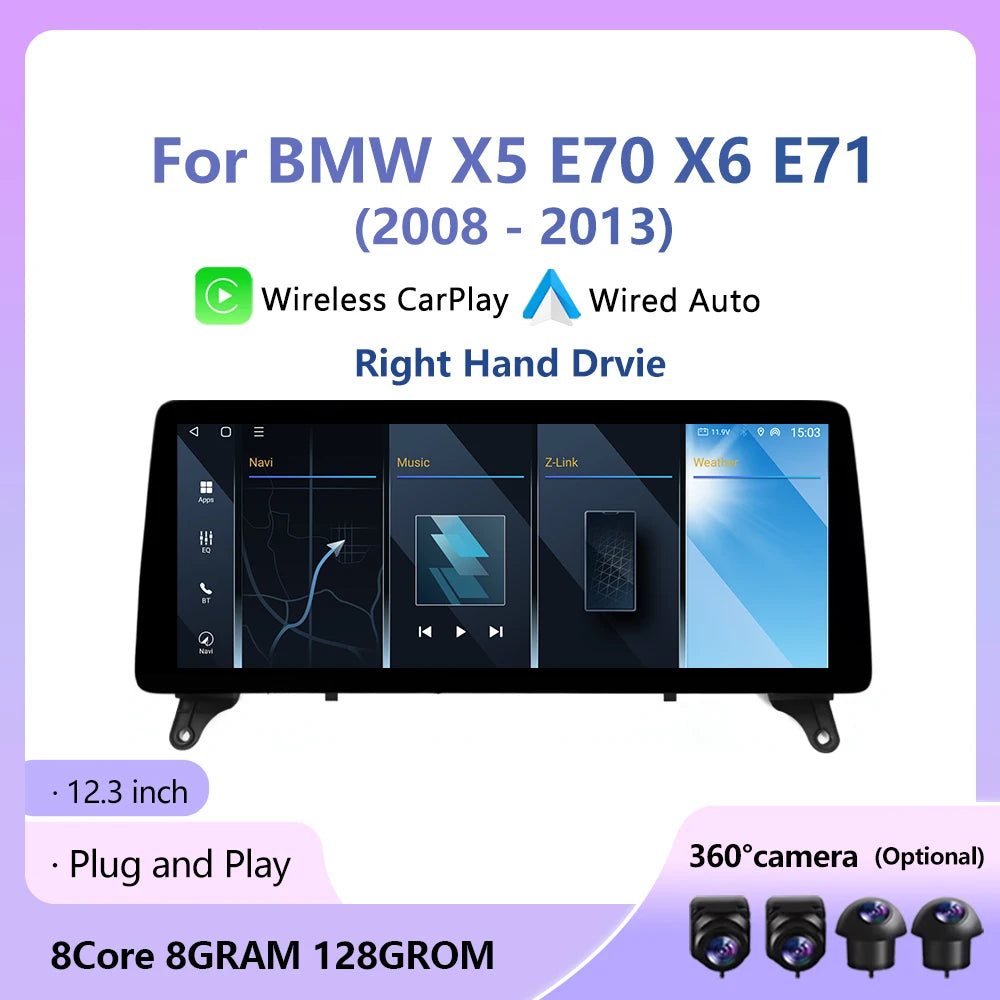 RHD Wireless CarPlay Android 12.3inch For BMW X5 E70 X6 E71 2008 - 2013 CIC/CCC System Car