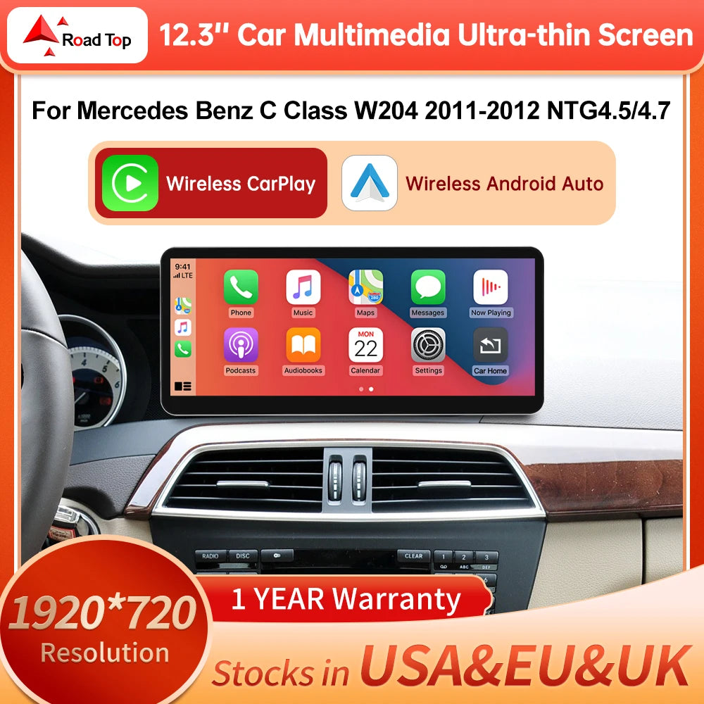 CN 12.3'' Ultra-thin Wireless Carplay Touch Screen For Mercedes Benz C Class W204 2011-201 | AUTOKITSHOP
