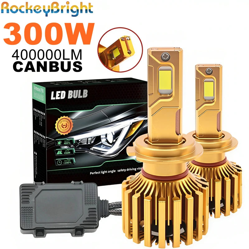 RockeyBright 300W 400000LM H7 H4 H11 9005 HB3 9006 HB4 LED Headlight Bulbs Canbus Error Fr