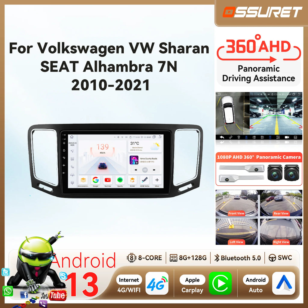 9"2din Carplay Android 14 Car Radio for Volkswagen VW Sharan 7N SEAT Alhambra 2010-2021 Mu