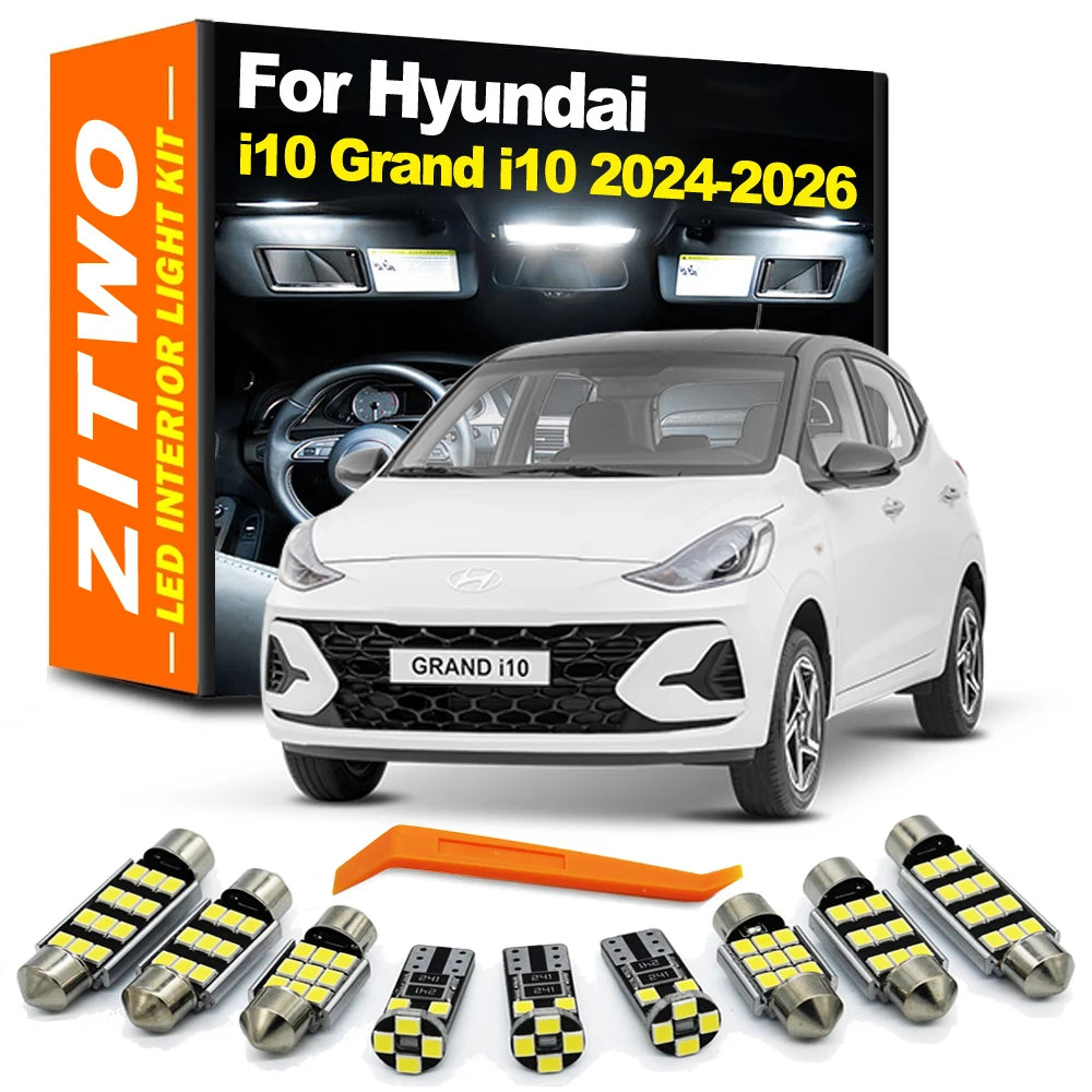 ZITWO 9Pcs For New Hyundai i10 Grand i10 2024 2025 2026 Car LED Bulb Interior Indoor Dome Map Reading License Plate Light Kit