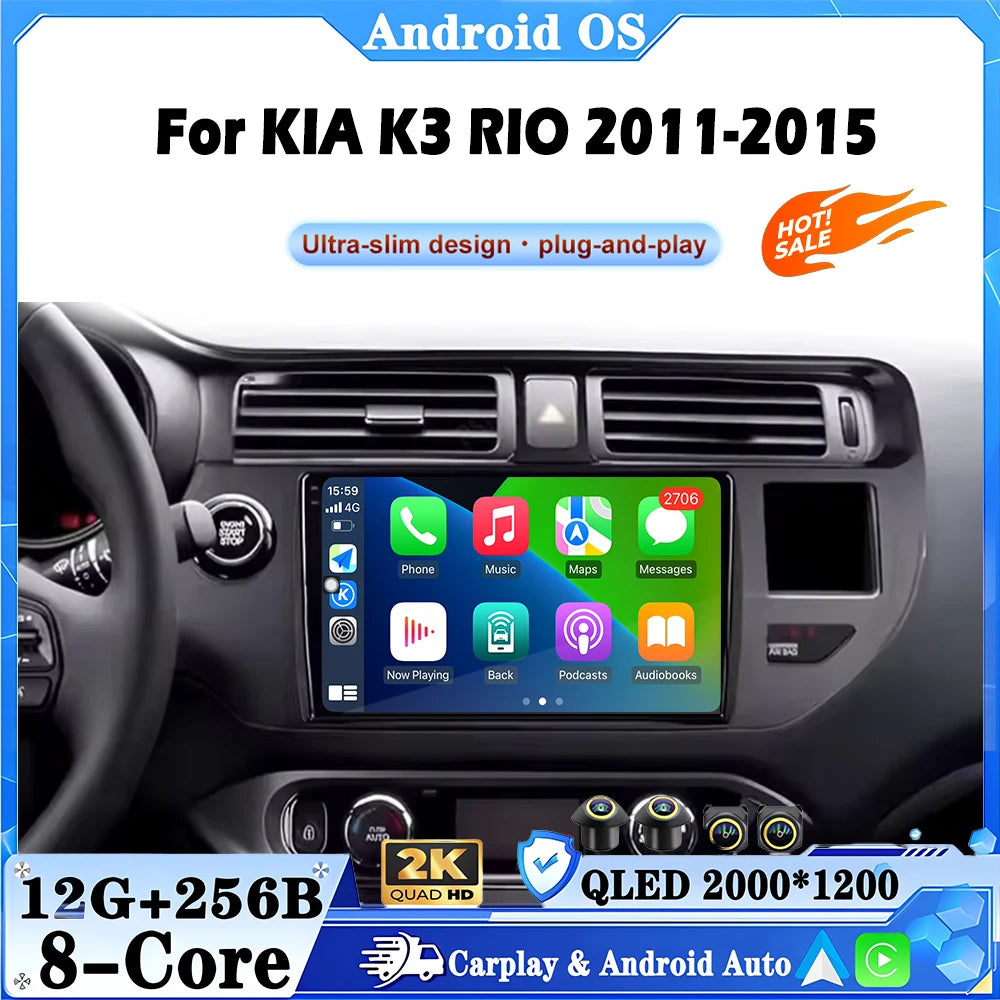 For KIA K3 RIO 2011-2015 Car Radio Video Multimedia Player 4G+WiFi GPS Navigatior BT QLED