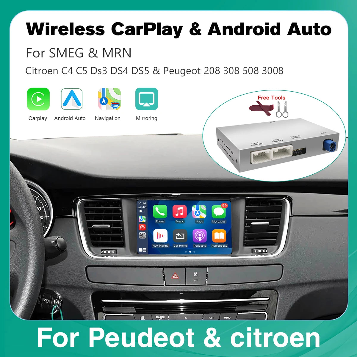 For Cristaux SMEG Picasso C4 C5 DS4 DS3 DS5 308 508 5008 3008 Wireless Carplay Android Aut