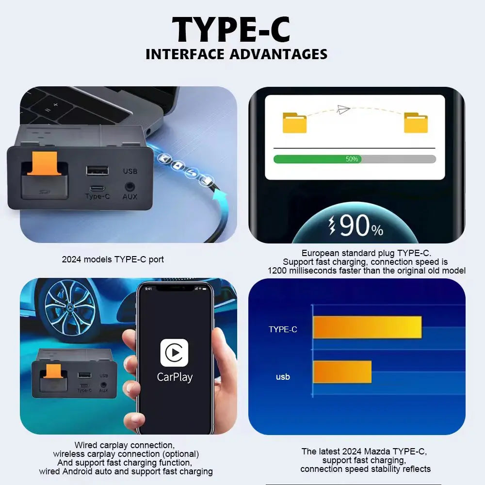 Type-c For Apple CarPlay Android Auto Wireless connection Bluetooth WIFI For Mazda 2 3 6 C