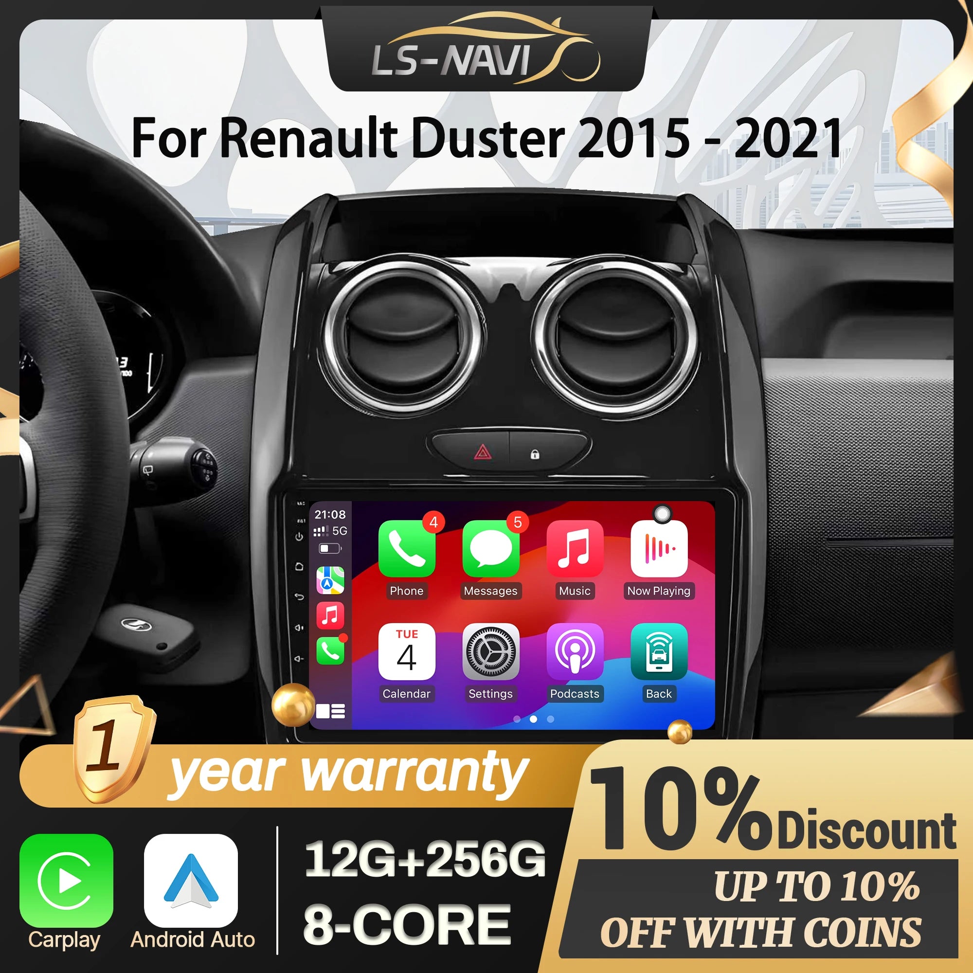 For Renault Duster 2015-2021 Android 14 Car Radio Multimedia Navigation Wireless CarPlay T