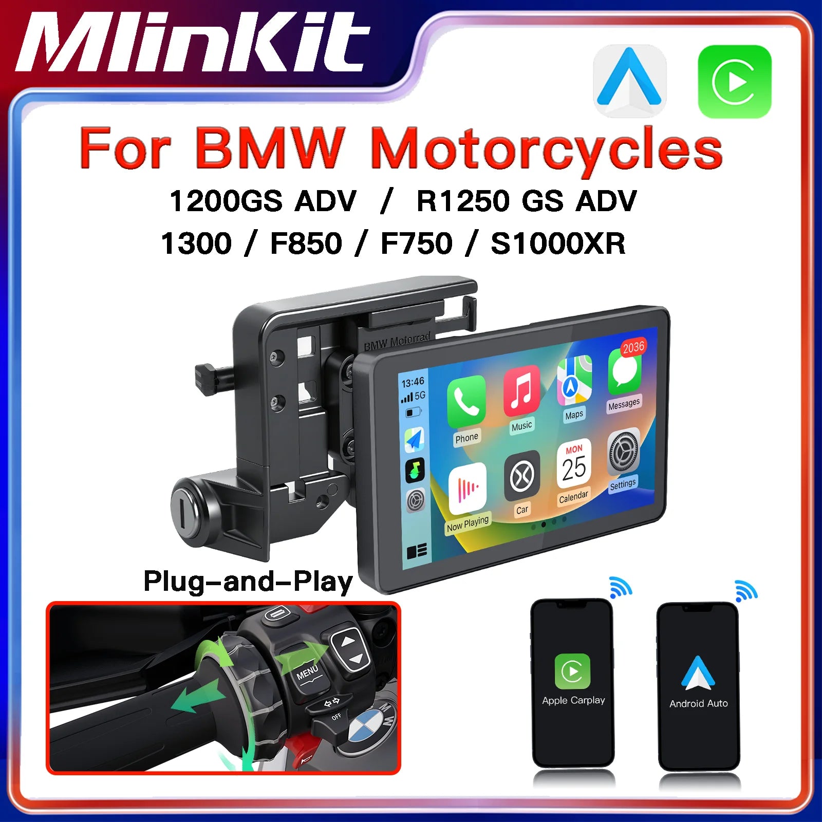 For BMW Motorcycle Portable GPS Navigation Wireless CarPlay Android auto 6-inch IPX8 Navig