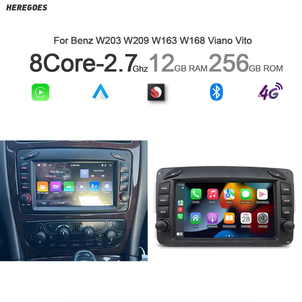 7" CarPlay Android 15.0 8 Core 12GB RAM 256GB Car Radio GPS Multimedia Player for Benz W203 W209 W163 W168 Viano Vito -